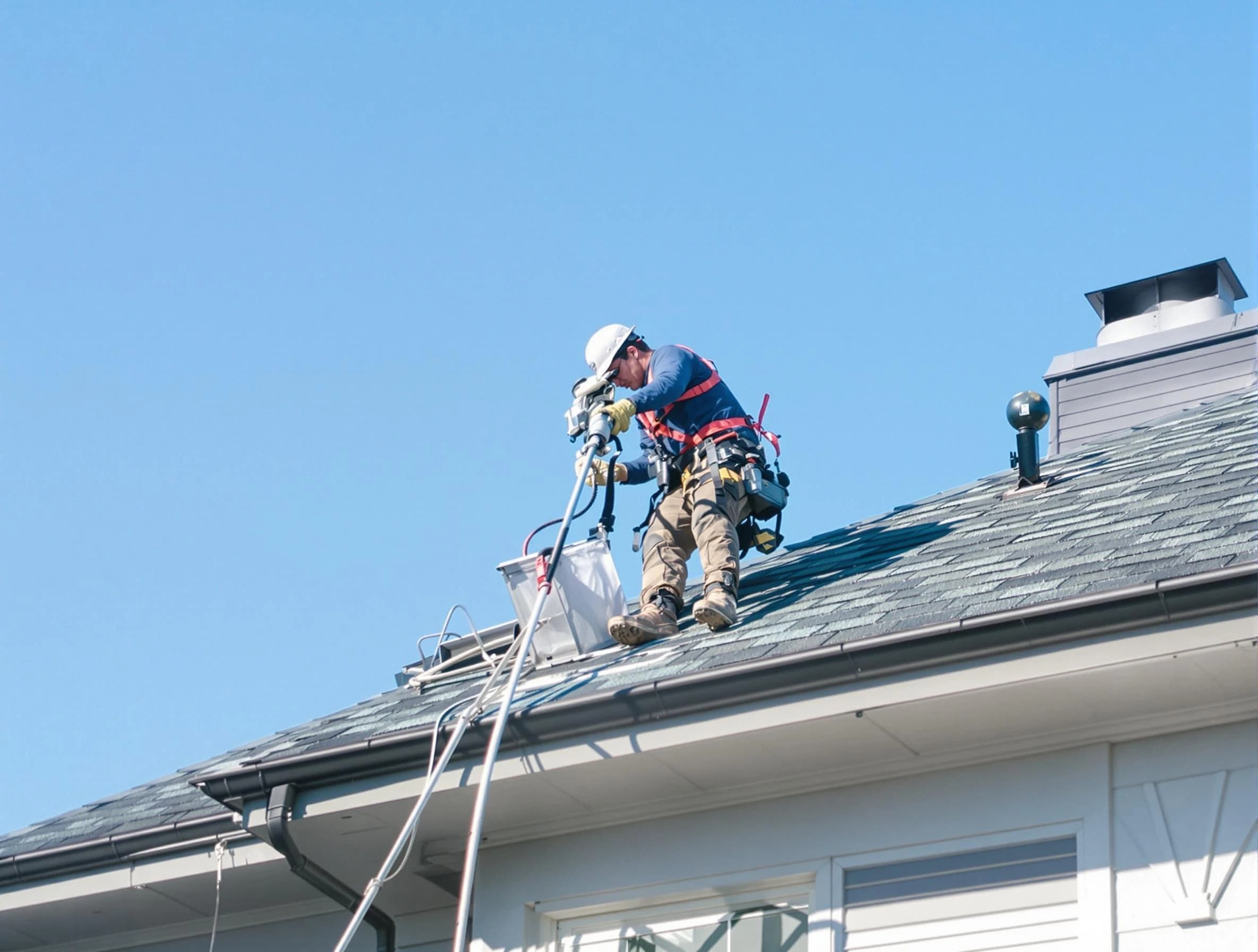 Applewood Dryer Vent Cleaning certified technician cleaning a roof-mounted dryer vent system in Applewood