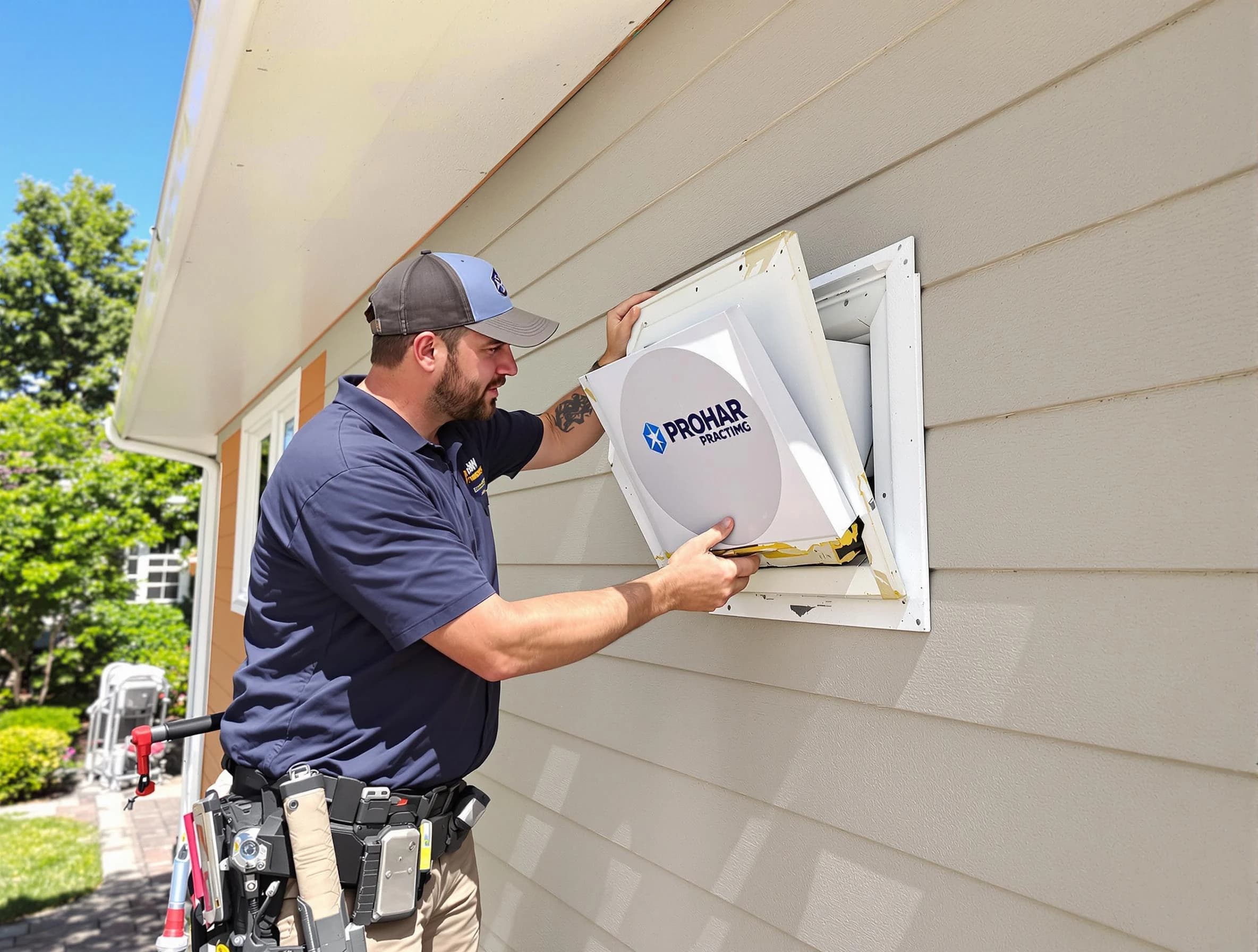 Applewood Dryer Vent Cleaning technician installing a new protective dryer vent cover on a home in Applewood