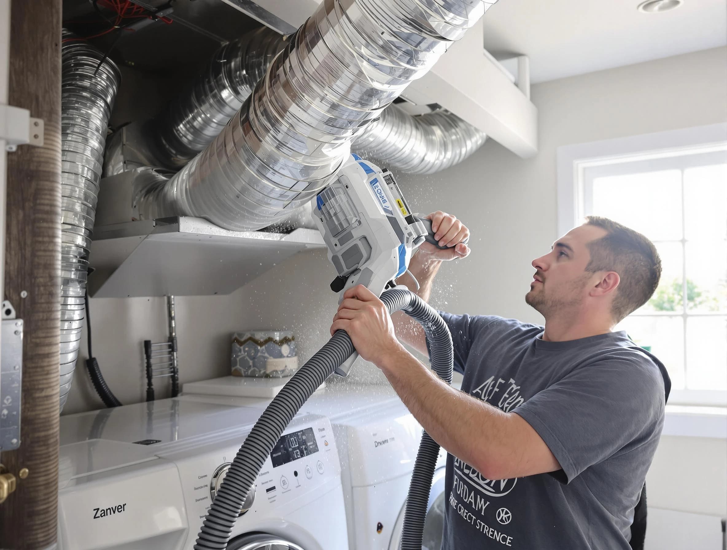 Applewood Dryer Vent Cleaning specialist cleaning deep within a dryer vent duct system in Applewood