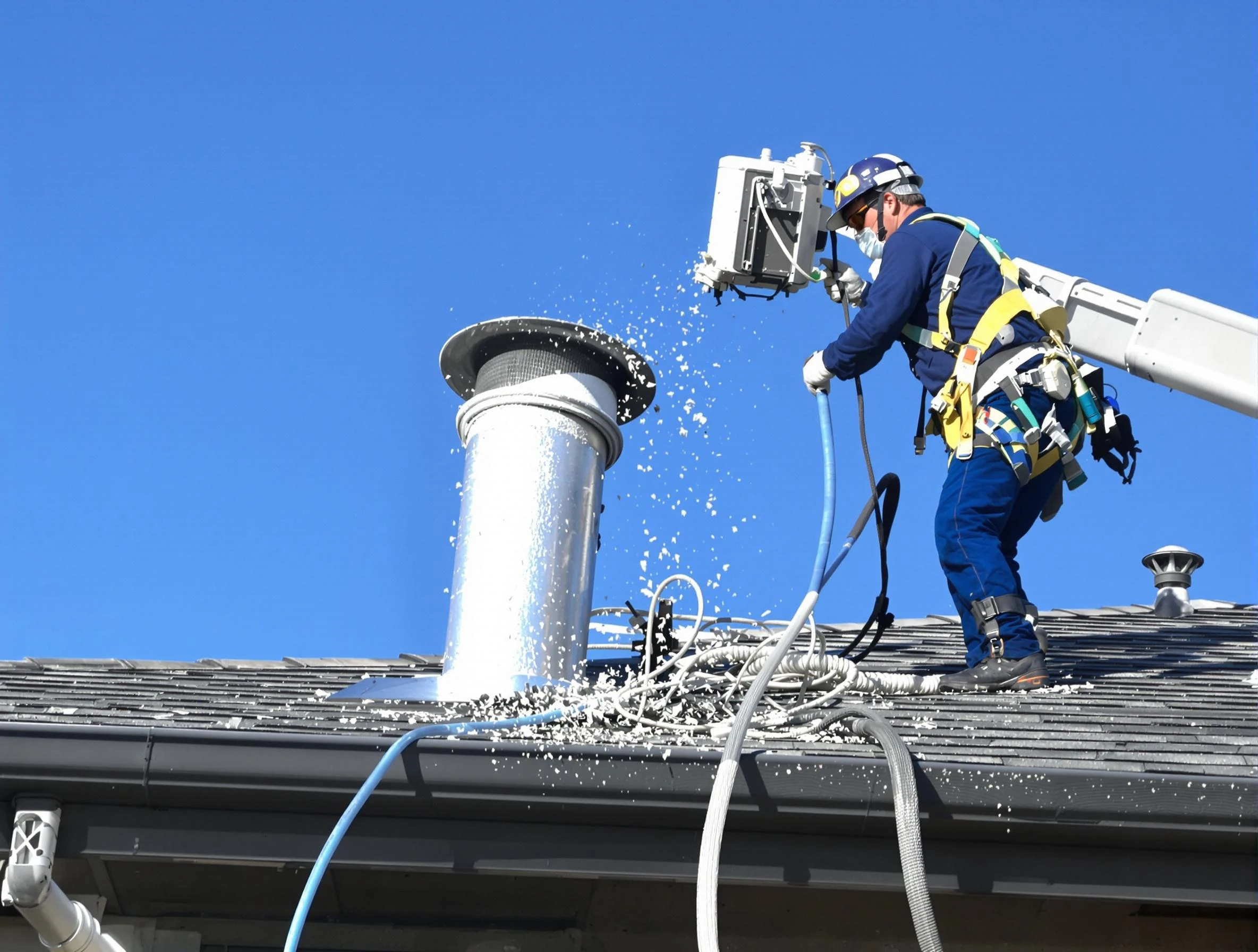 Applewood Dryer Vent Cleaning certified technician safely cleaning a roof-mounted dryer vent in Applewood
